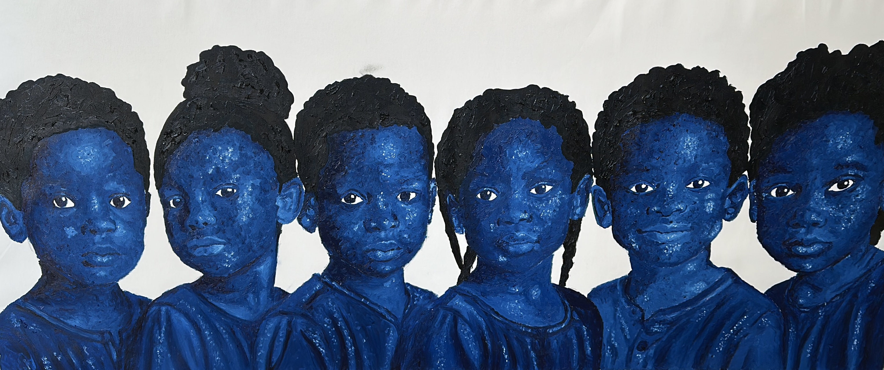Six young blue-painted figures shown closely together against a pale ground in El-ham Tabsoba’s painting Before Names.