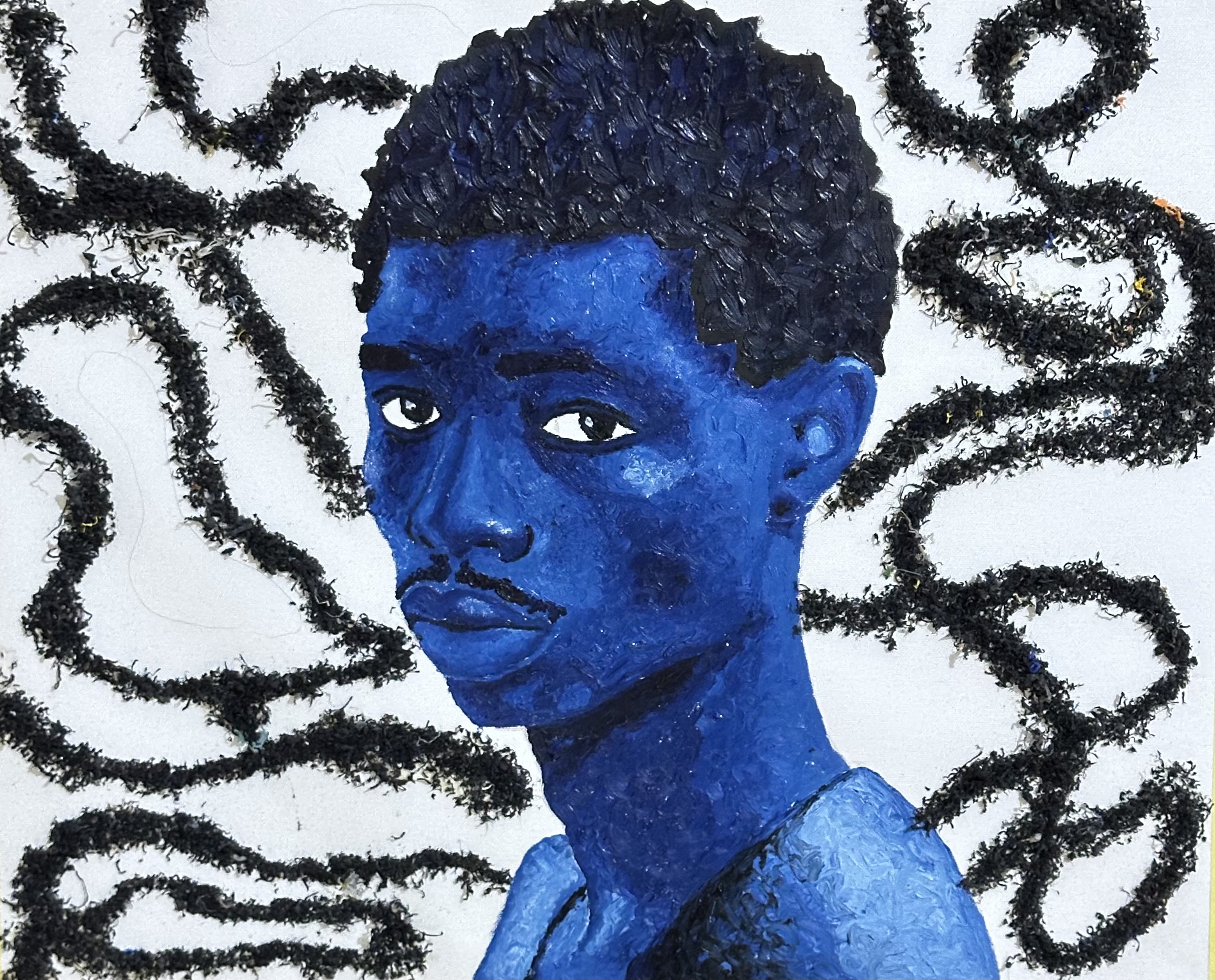 A blue figure looking sideways, surrounded by looping black lines made with recycled plastic.