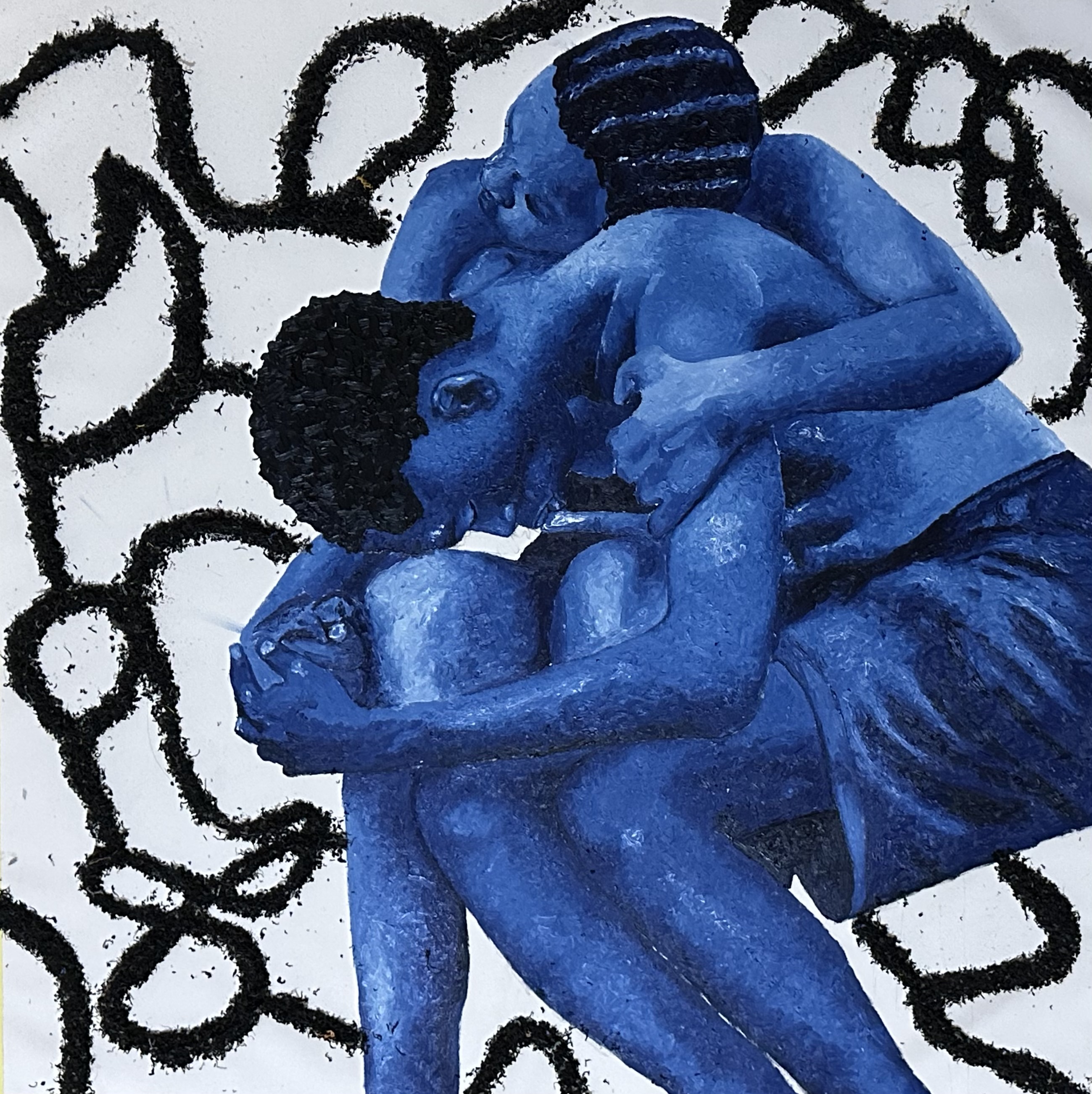 Two blue figures embracing while black recycled-plastic lines travel across a pale ground.