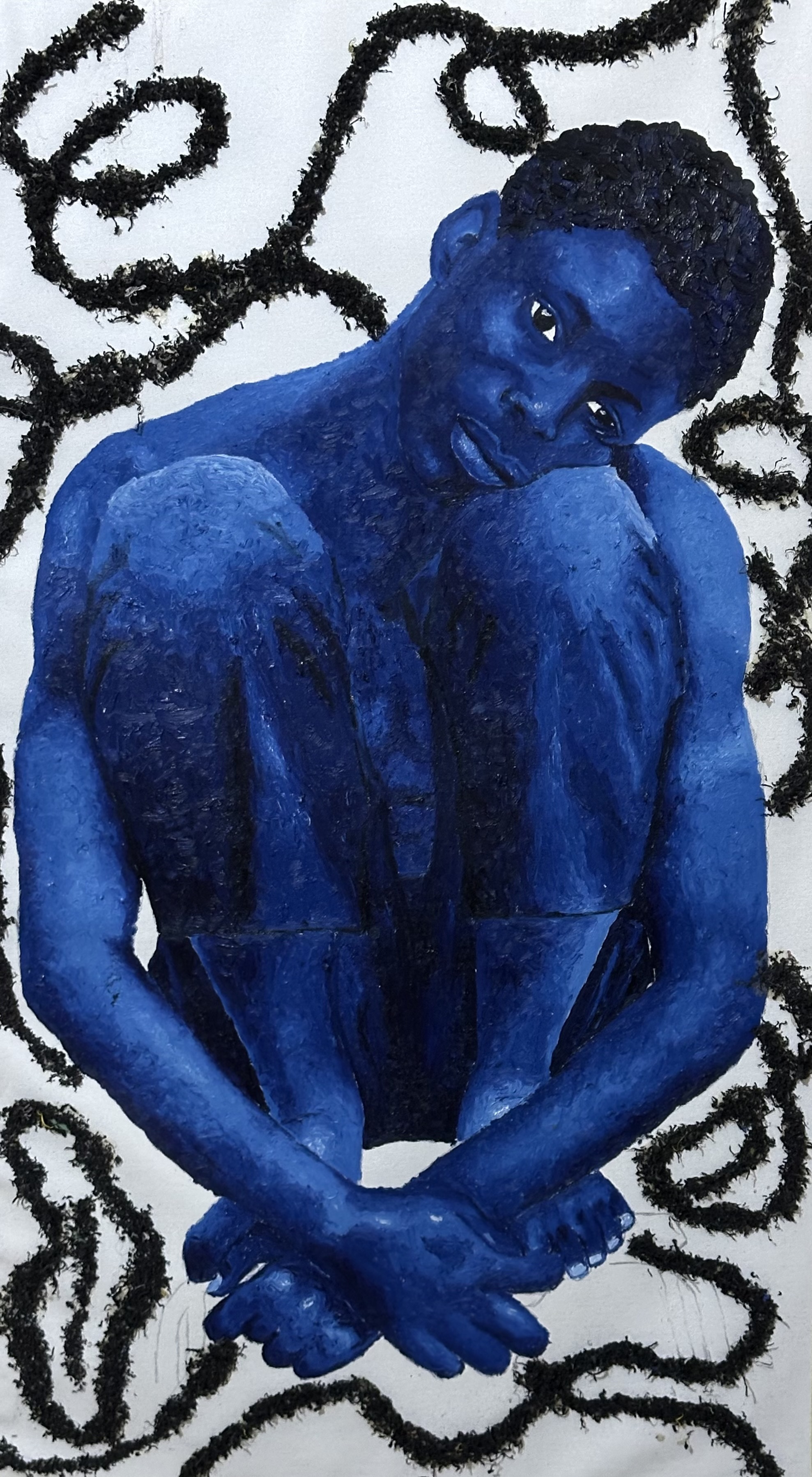 Two blue figures leaning together, one resting their head on the other’s right shoulder, against black recycled-plastic lines.